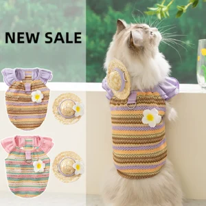 Spring Summer Pet Clothes Set Floral Vest & Hat Suit for Cats Dogs Breathable Hollow Out Vacation Outfit for Sphynx Puppy