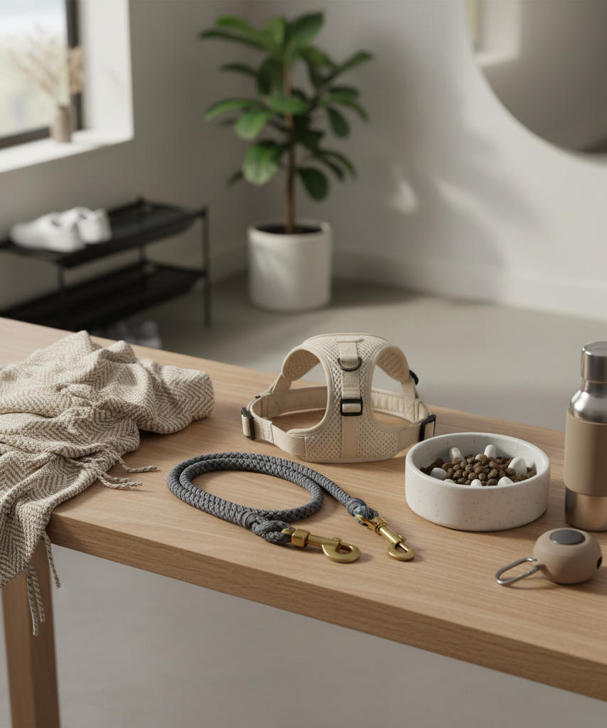 Affordable dog accessories arranged in a stylish home entryway