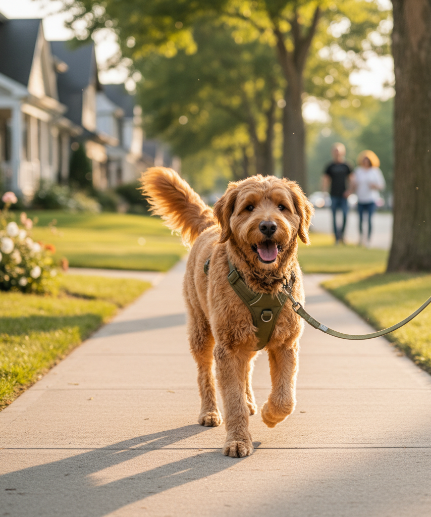 Dog wearing a comfortable budget-friendly harness during a walk