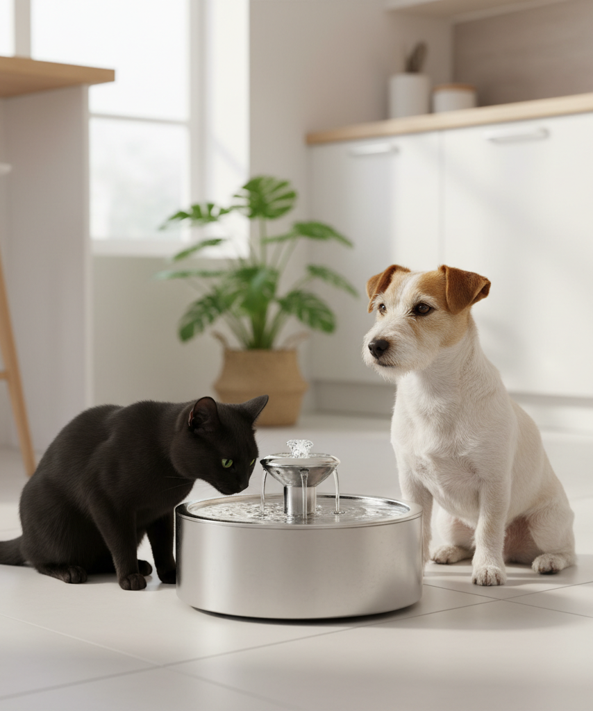 Stainless steel pet water fountain used by a cat with dog nearby