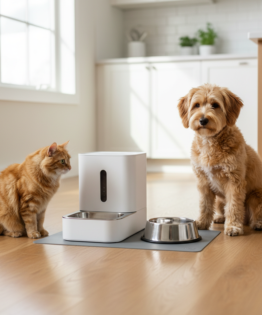 Automatic pet feeder for cats and dogs in a home kitchen