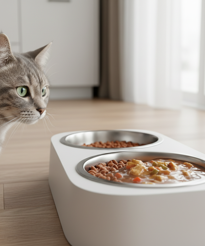 Automatic pet feeder tray with wet and dry meal portions