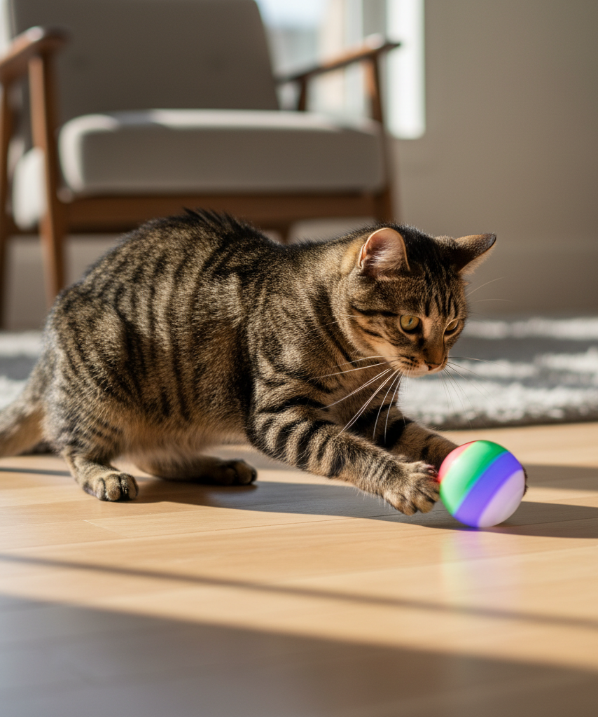 Indoor cat batting an interactive ball toy