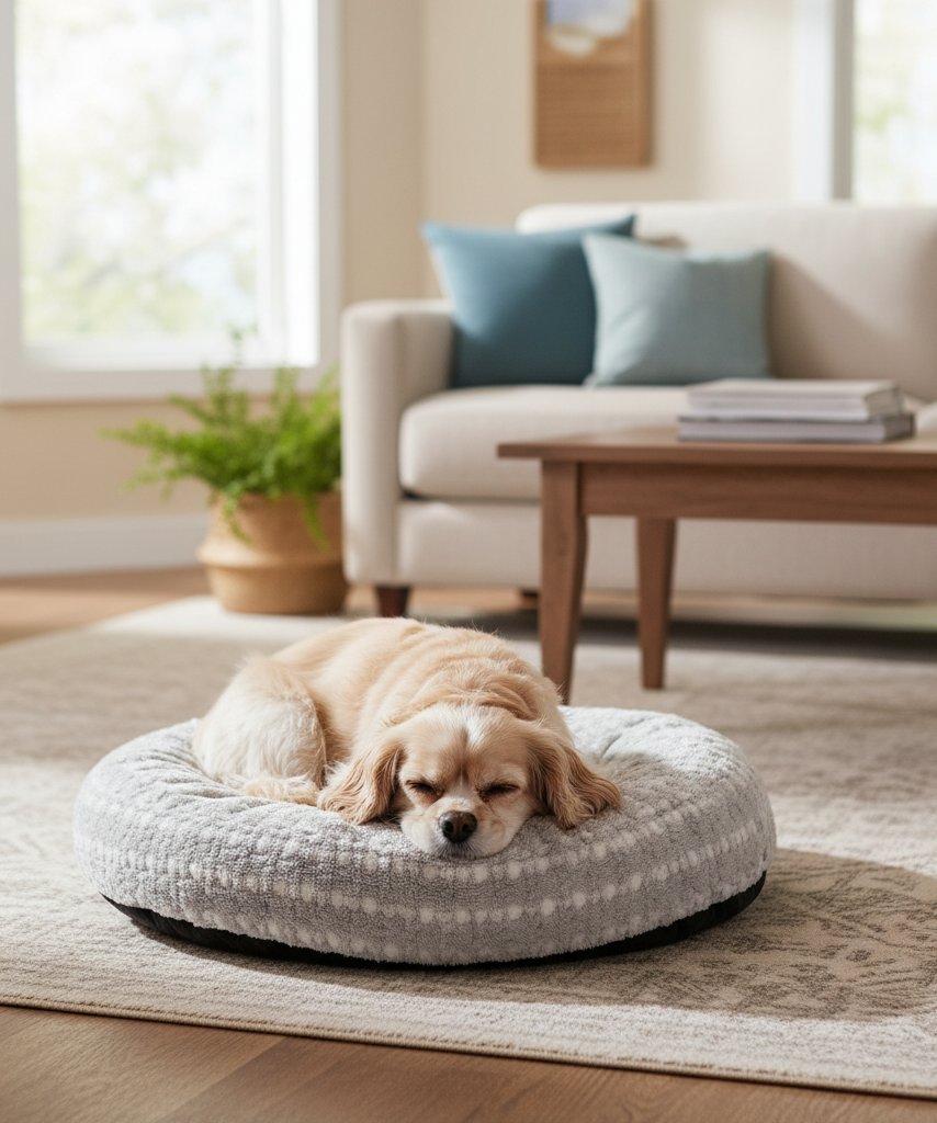 Small dog resting on a cozy washable pet bed