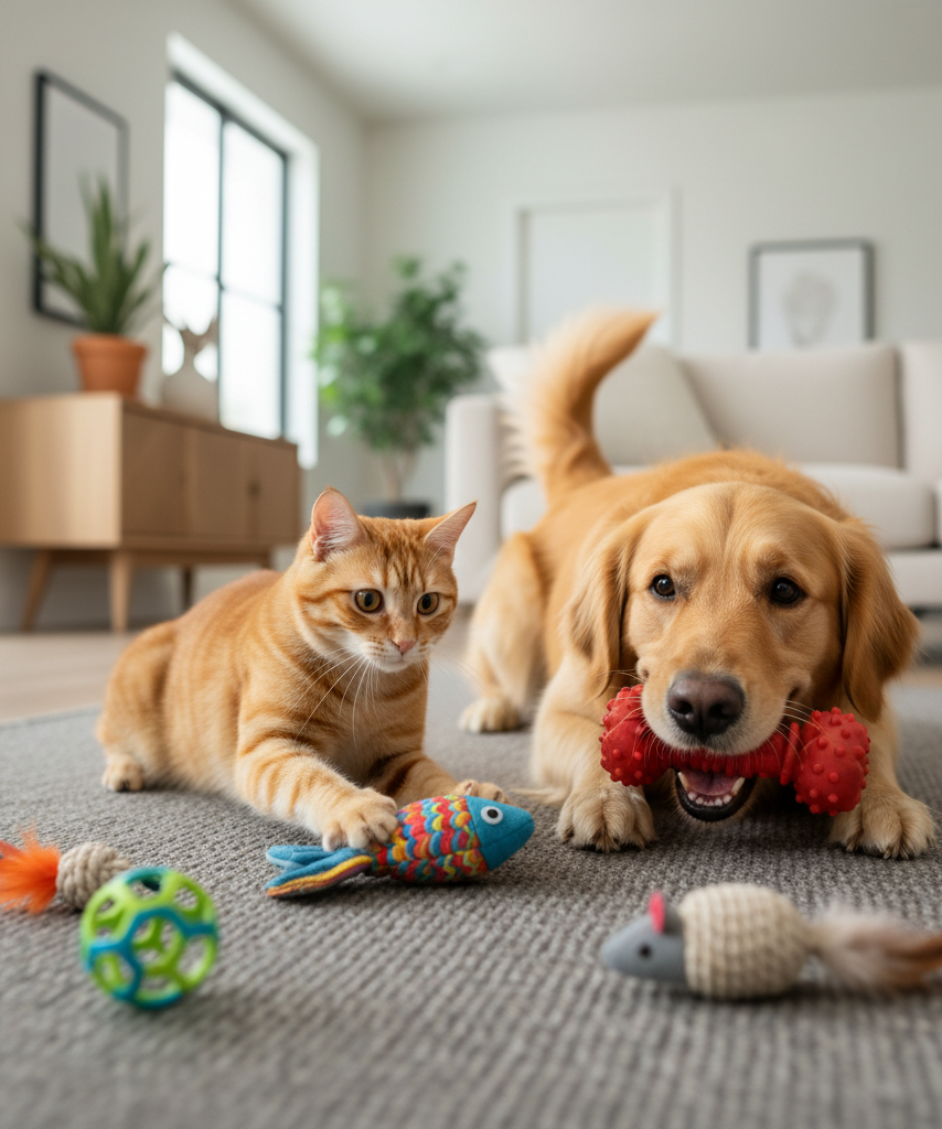 Curious cat and playful dog with budget-friendly pet toys