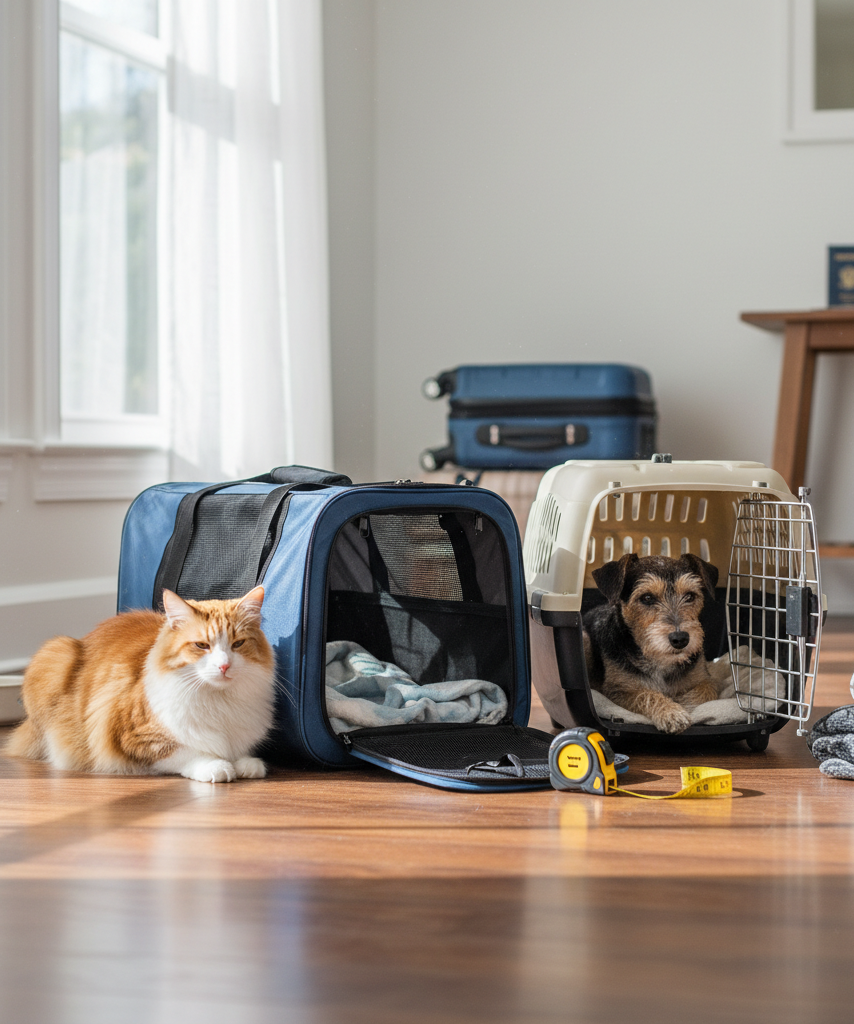 Pet carrier sizing setup for cats and small dogs before travel