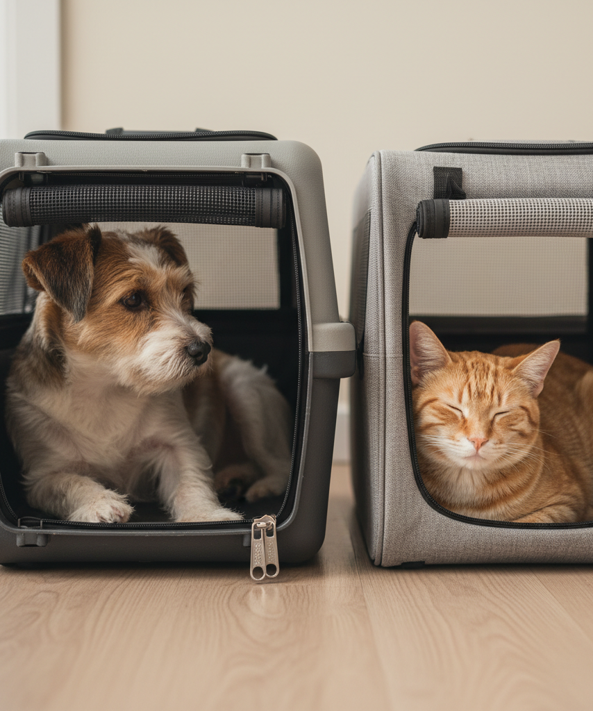 Small dog and cat in different carrier styles for size comparison