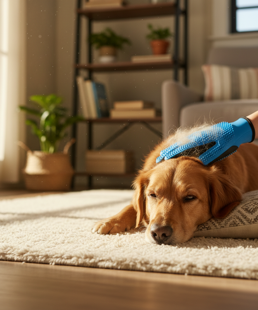 Pet grooming glove used on a relaxed short-haired dog indoors