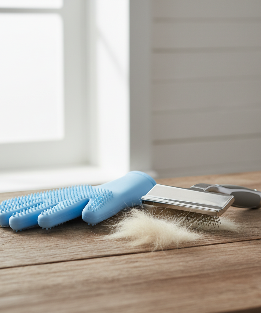 Pet grooming glove and slicker brush comparison setup