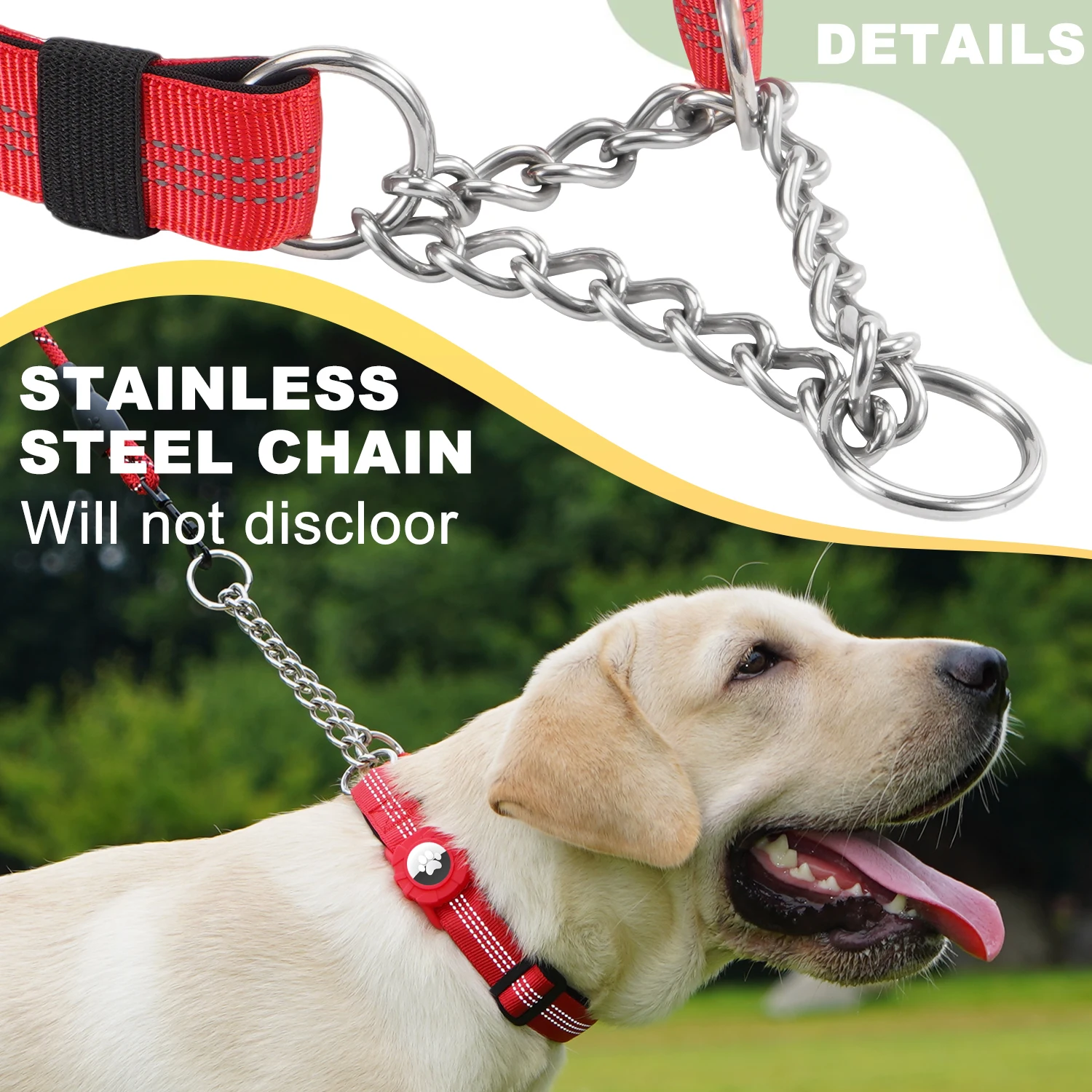 Dog Collar with Air Tag Holder, Reflective Nylon Soft Padded No Pull Training Collars Adjustable Stainless Steel Chain Collar f - Image 6
