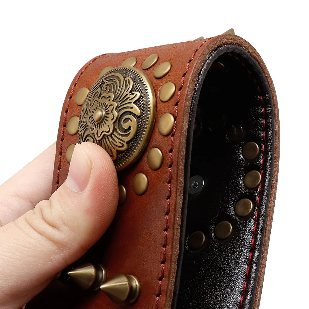 Leather Large Dog Collar Pitbull Spiked Studded Collars for Medium Large Big Dogs Genuine Leather Durable Pet Collar Brown - Image 2