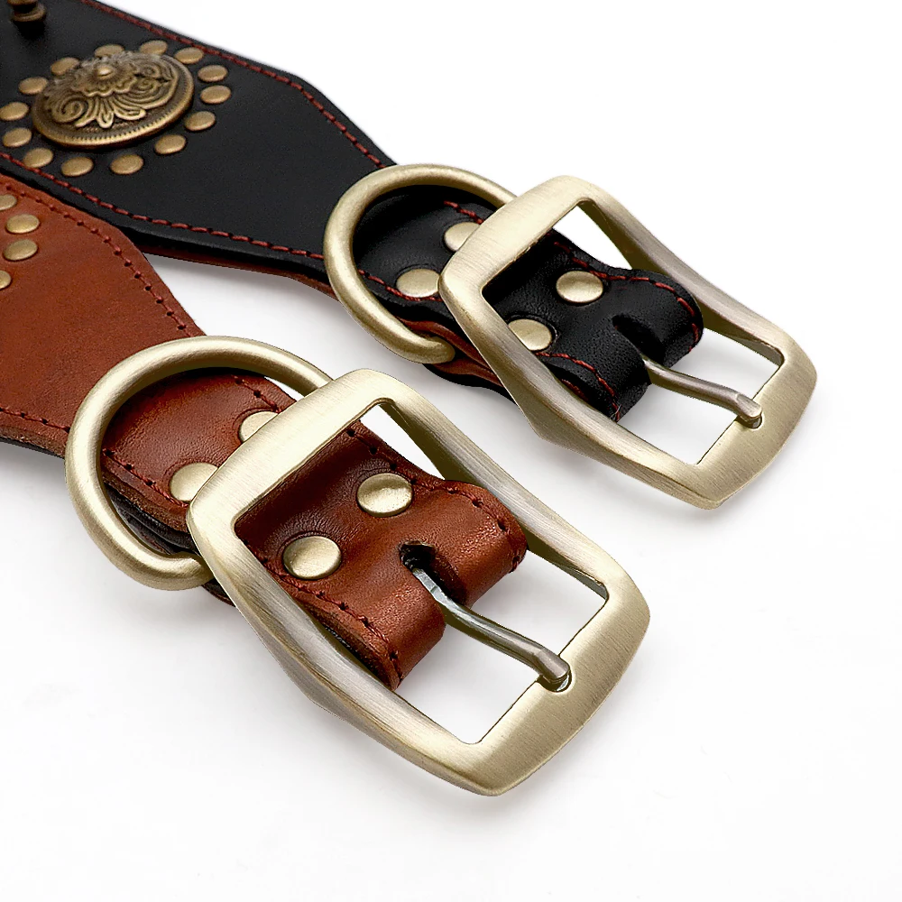 Leather Large Dog Collar Pitbull Spiked Studded Collars for Medium Large Big Dogs Genuine Leather Durable Pet Collar Brown - Image 3