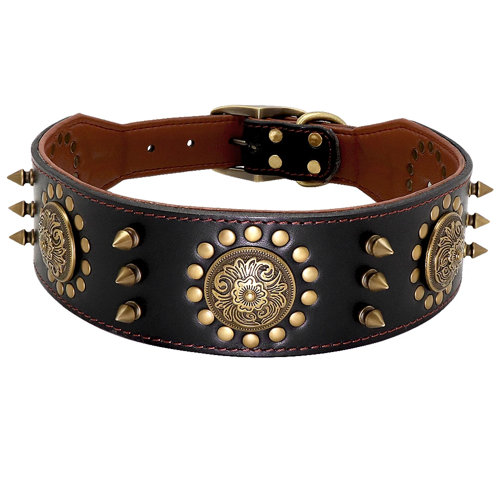 Leather Large Dog Collar Pitbull Spiked Studded Collars for Medium Large Big Dogs Genuine Leather Durable Pet Collar Brown - Image 7