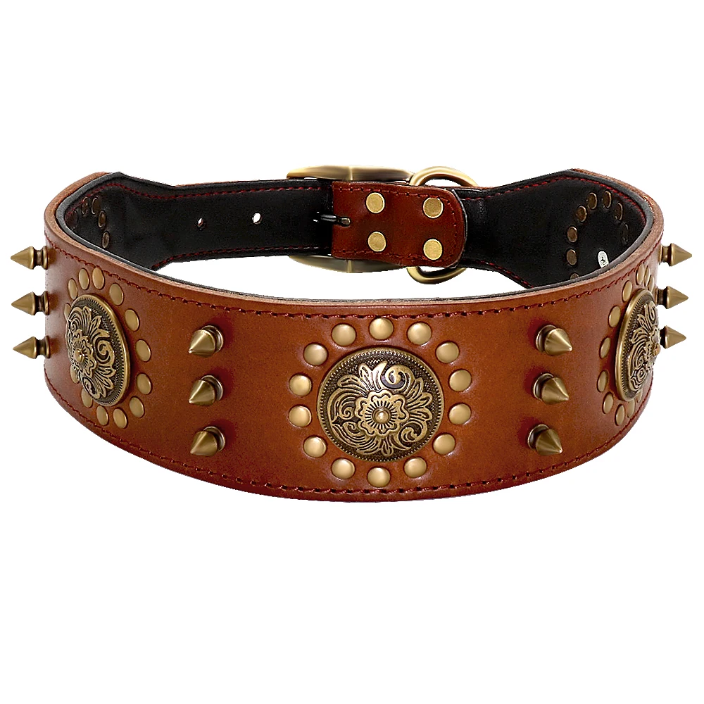 Leather Large Dog Collar Pitbull Spiked Studded Collars for Medium Large Big Dogs Genuine Leather Durable Pet Collar Brown - Image 8