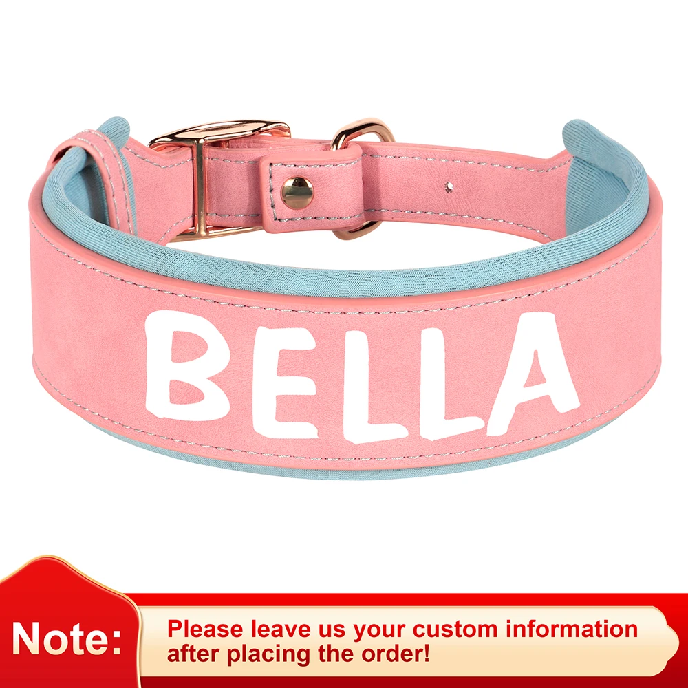 Custom Print Dog Collar Wide Leather Dogs Name Collars Large Soft Padded Pet Dog Collars For Medium Large Dogs Free Print Pink - Image 9