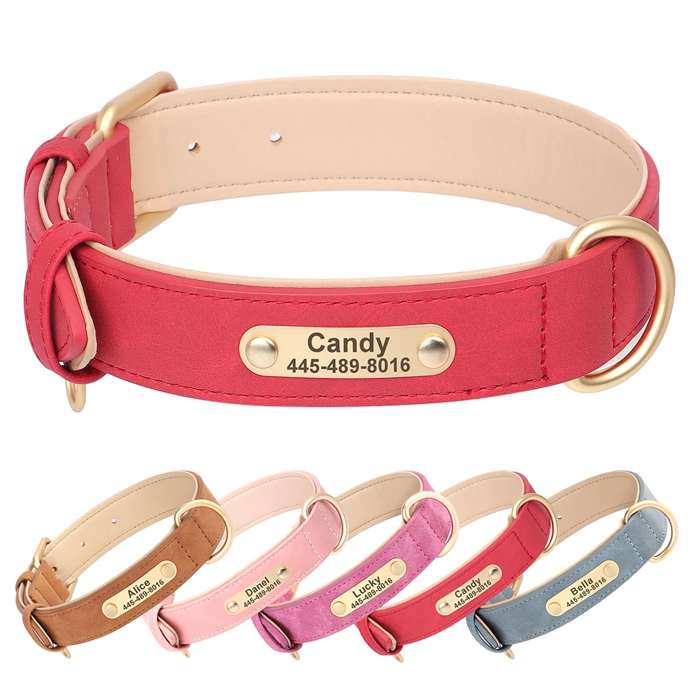Customized Dog Collar PU Leather Dogs Collars Personalized Pet ID Name Necklace Free Engraving for Small Medium Large Dogs Pug