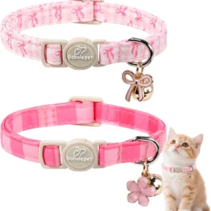 2 Pack Pink Cat Collars with Bell, Bow, Flower Pendant - Adjustable Kitten Collar for Girl Cats in Cute Plaid Design