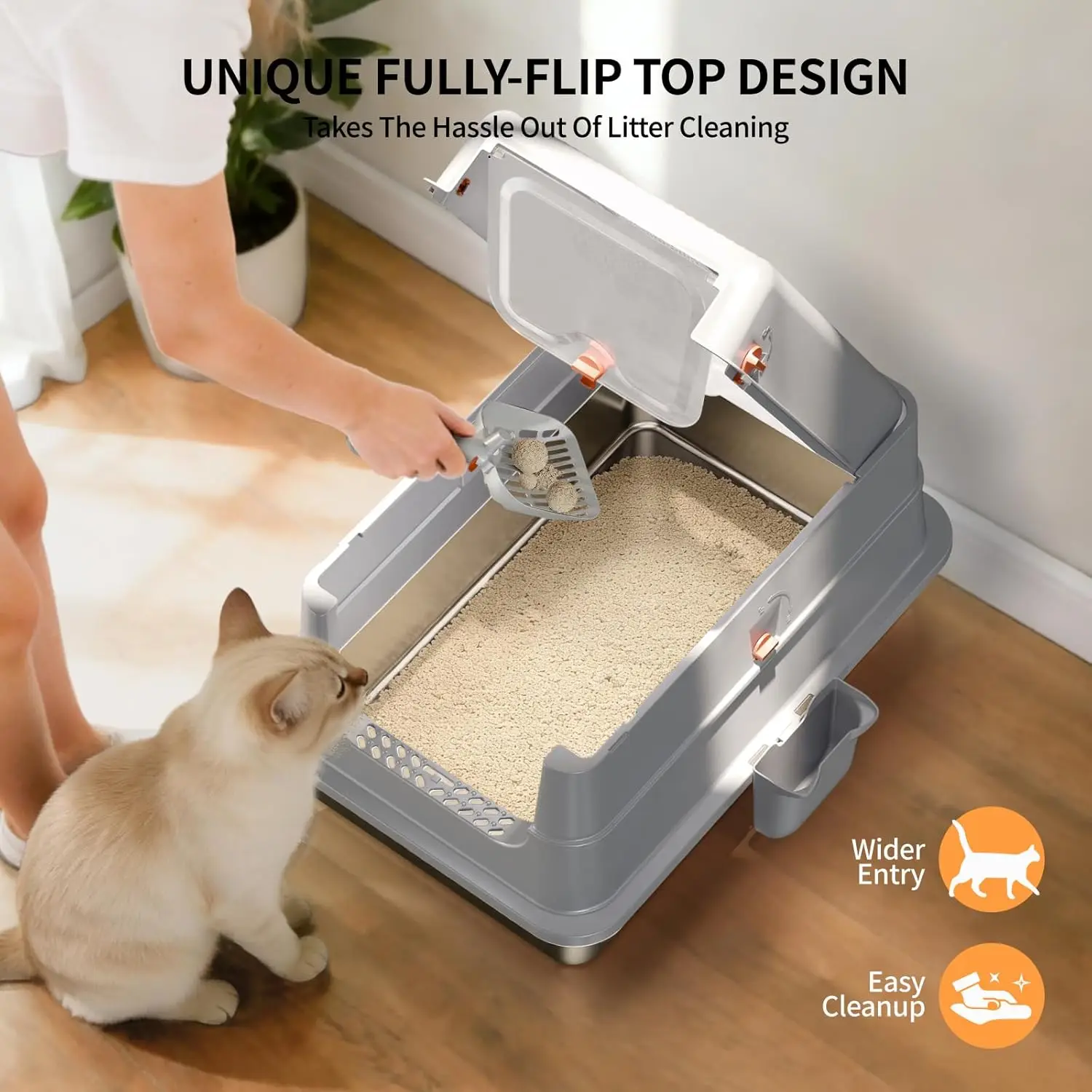 Large Enclosed Stainless Steel Cat Litter Box with Lid, High Sides, Scoop & Step, Leak Proof Easy Clean Odor Control - Image 2