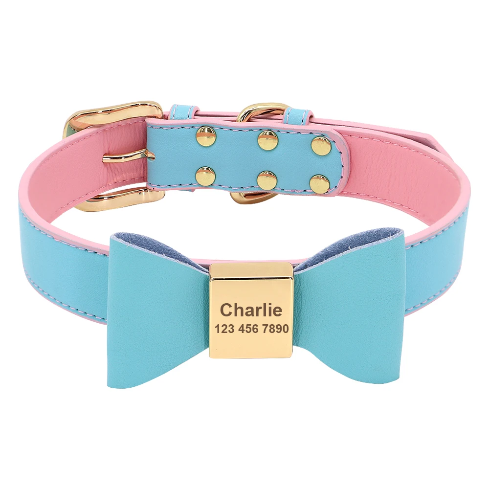 Custom PU Leather Dog Collar Soft Bowknot Pet Collars Engraved Name Puppy Cat Necklace Anti-lost for Small Medium Large Dogs Pug - Image 9