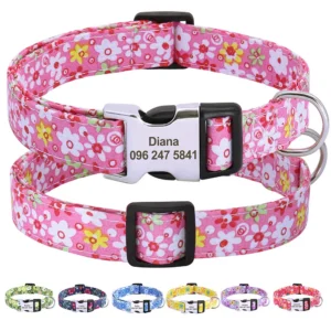 Printed Nylon Personalized Dog Collar Custom Dog Collar Floral Puppy Necklace Engraved Name for Small Medium Large Dogs Bulldog
