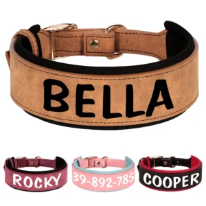 Custom Print Dog Collar Wide Leather Dogs Name Collars Large Soft Padded Pet Dog Collars For Medium Large Dogs Free Print Pink
