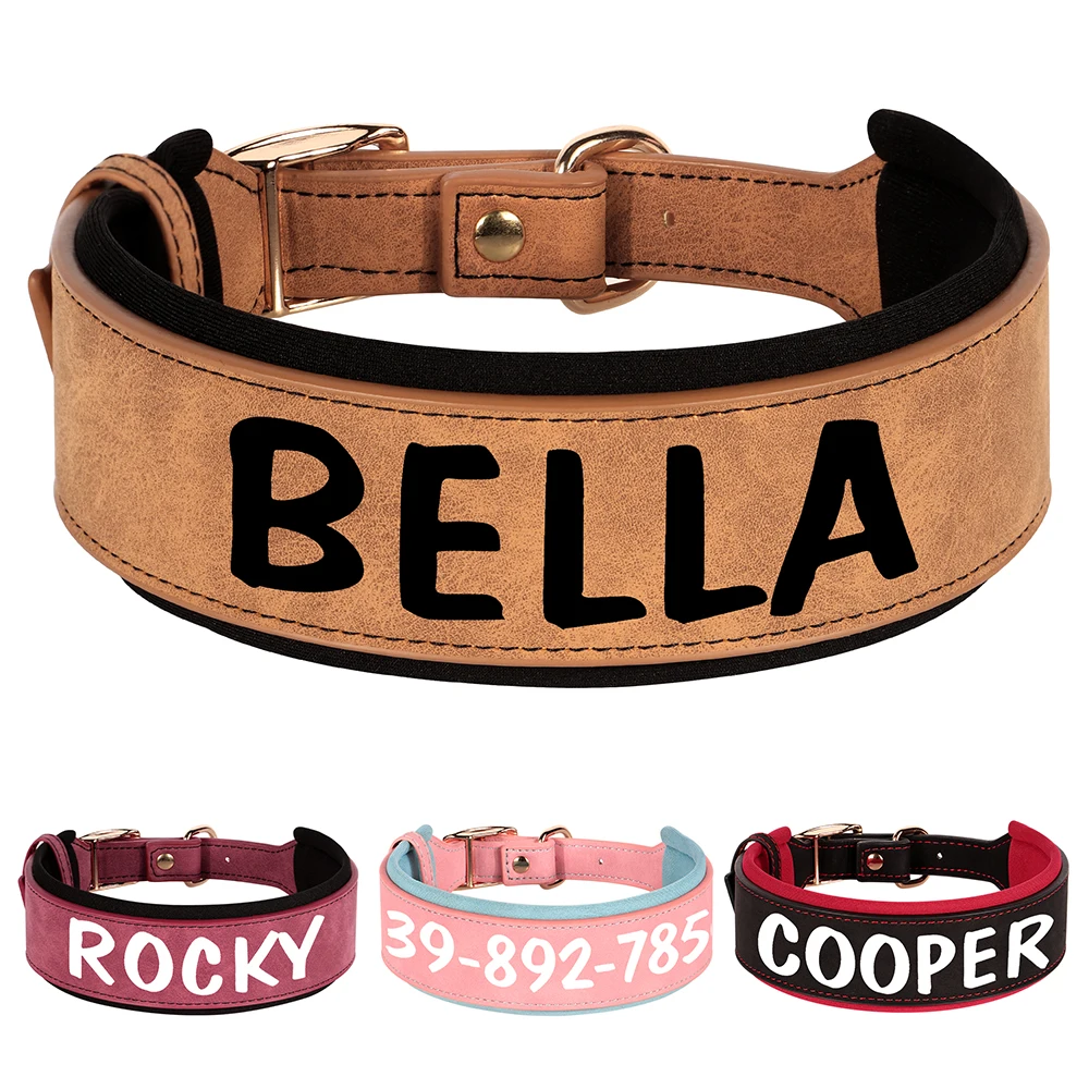 Custom Print Dog Collar Wide Leather Dogs Name Collars Large Soft Padded Pet Dog Collars For Medium Large Dogs Free Print Pink