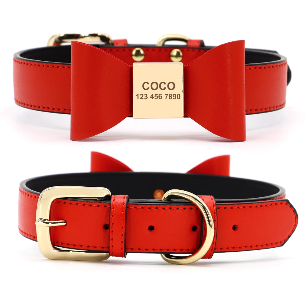 Custom PU Leather Dog Collar Soft Bowknot Pet Collars Engraved Name Puppy Cat Necklace Anti-lost for Small Medium Large Dogs Pug - Image 4