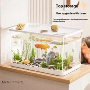 【E】PET New Transparent Mini Fish Tank Aquarium Drop Resistant Hydroponic With Lid Ecological Desktop Home Lazy Tank Turtle Tank
