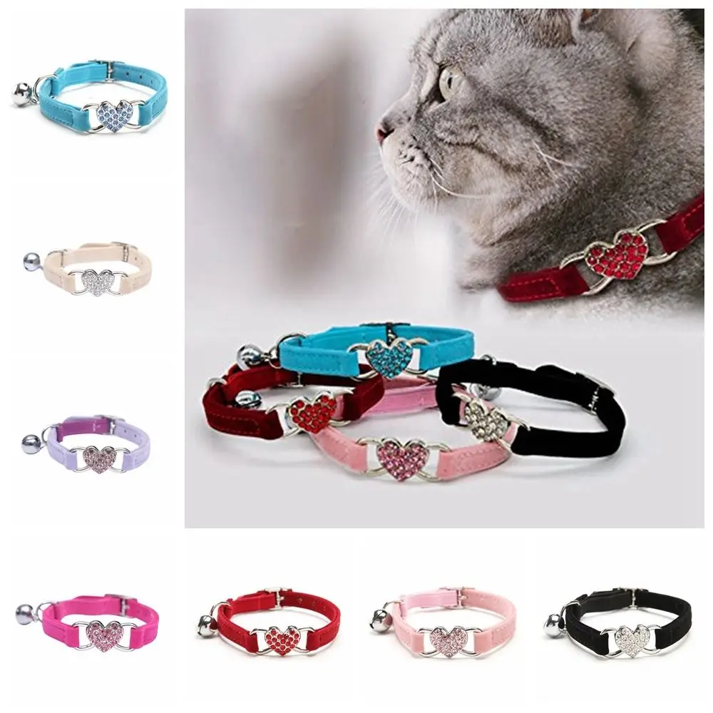 Safety Heart Bell Cat Collar Elastic Adjustable Adjustable Colored Diamonds Cat Collar Soft With Bell Dog Necklace Pet Supplies