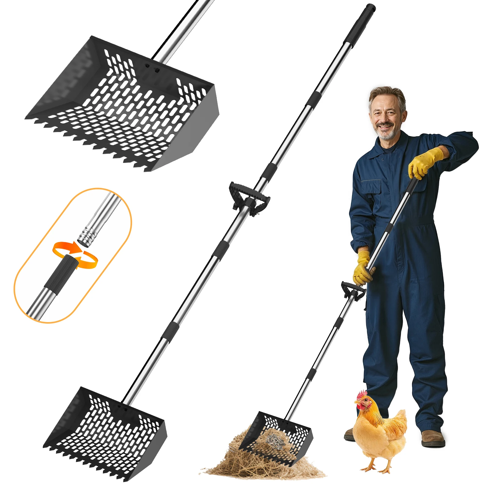 Extendable Scoop Sand Rake Chicken Poop Scooper Retractable Cat Litter Scoop Lightweight Sifting Chicken Coop Cleaning Tools - Image 7
