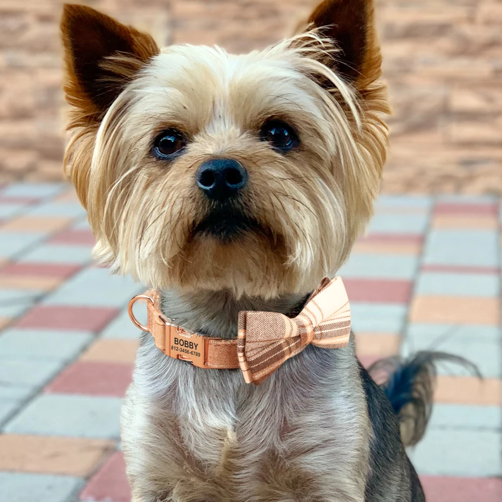 Personalized Bowknot Dog Collar Nylon Plaid Dog Collars Free Engraving Custom Pet Nameplate Necklace For Small Medium Large Dogs - Image 5