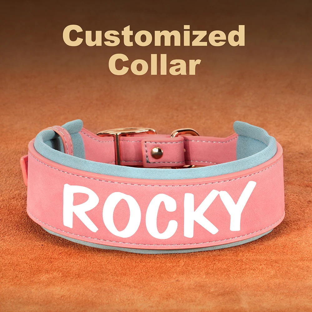 Custom Print Dog Collar Wide Leather Dogs Name Collars Large Soft Padded Pet Dog Collars For Medium Large Dogs Free Print Pink - Image 3