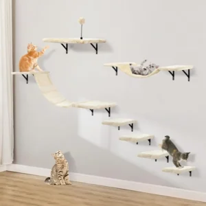 Wall-Mounted Cat Climber Set with Shelves, Perches, Bridge, Hammock & Scratching Board - 7 Pcs Wood Indoor Furniture for Kittens