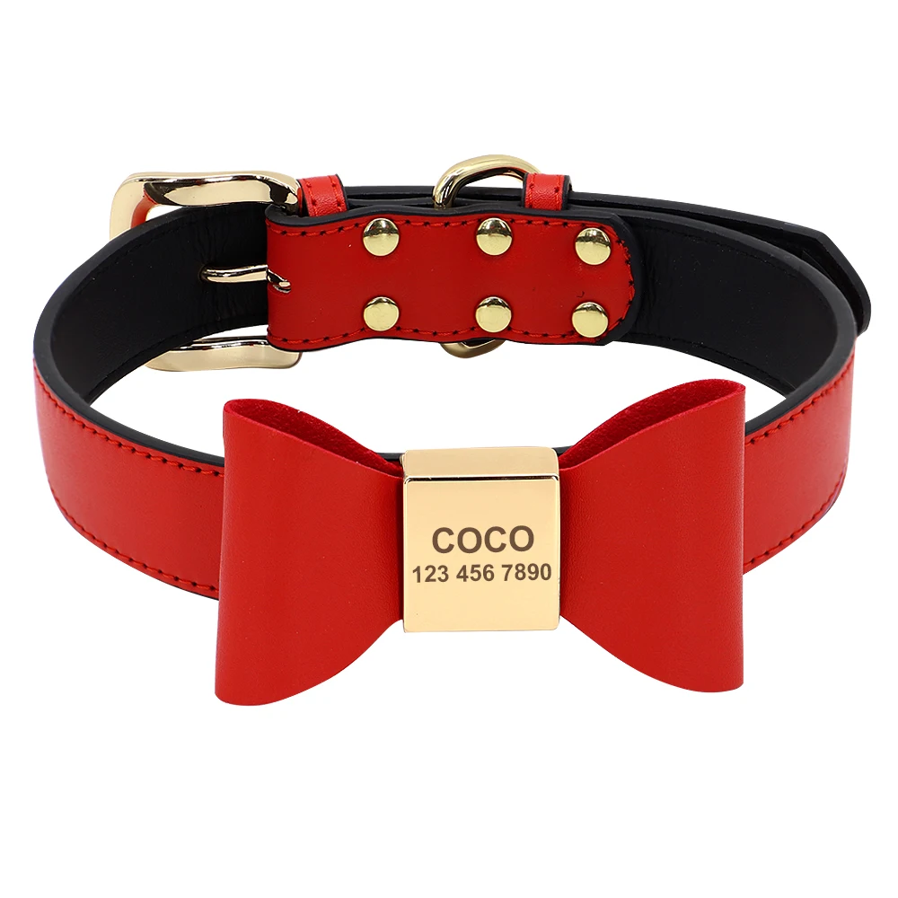 Custom PU Leather Dog Collar Soft Bowknot Pet Collars Engraved Name Puppy Cat Necklace Anti-lost for Small Medium Large Dogs Pug - Image 7
