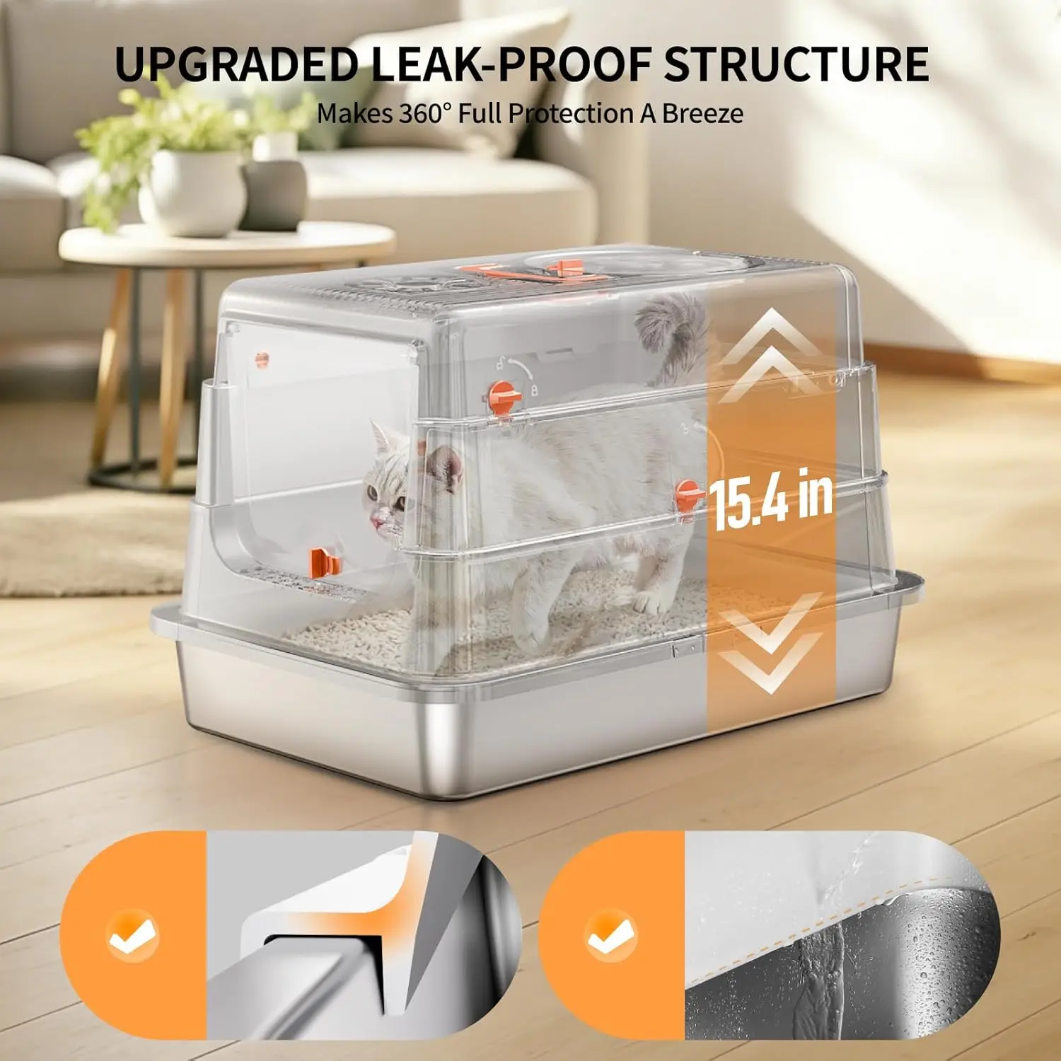 Large Enclosed Stainless Steel Cat Litter Box with Lid, High Sides, Scoop & Step, Leak Proof Easy Clean Odor Control - Image 4