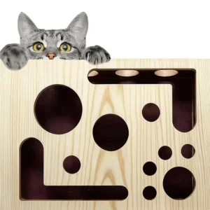 Cat Scratch Puzzle Enrichment Box-Wooden Cat Nail File Box With Bell Ball& Sandpaper Inside, Maze Design