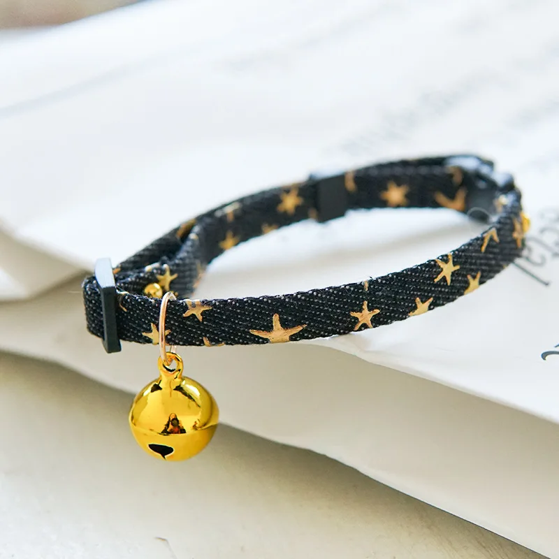 Denim Breakaway Cat Collars with Bell Cat Pendant Kitty Kitten Collars Blue Collar for Female Girl Cats Male Boy Cats Star Print - Image 7