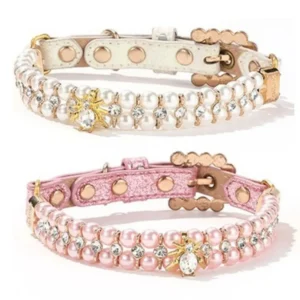 Adjustable Dog Cat Pearl Collars Rhinestone Bling Crystal Cat Necklace Luxury Jewelry PU Neck Strap for Small Dogs for Kitten