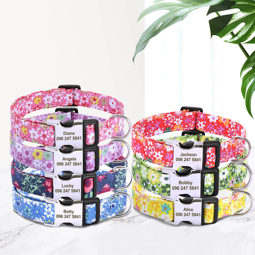 Printed Nylon Personalized Dog Collar Custom Dog Collar Floral Puppy Necklace Engraved Name for Small Medium Large Dogs Bulldog - Image 3