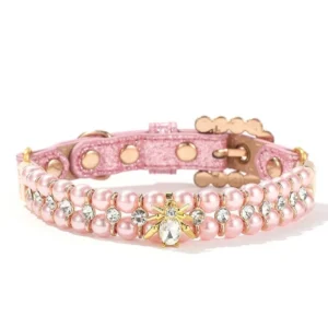 Adjustable Dog Cat Pearl Collars Rhinestone Bling Crystal Cat Necklace PU Luxury Jewelry Neck Strap for Small Dogs Pet Gift