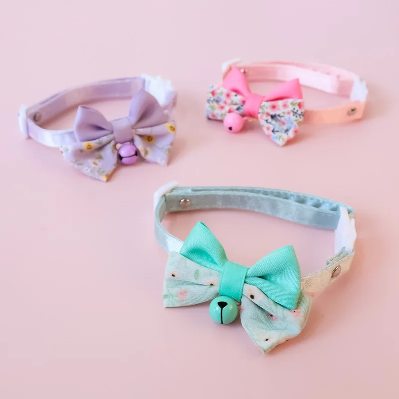 Bow Pet Collar, Cat Dog Collar Macaron Bell Safety Buckle Gradient Floral Bow Adjustable Knot Cat Collars for Kitten and Puppies - Image 4