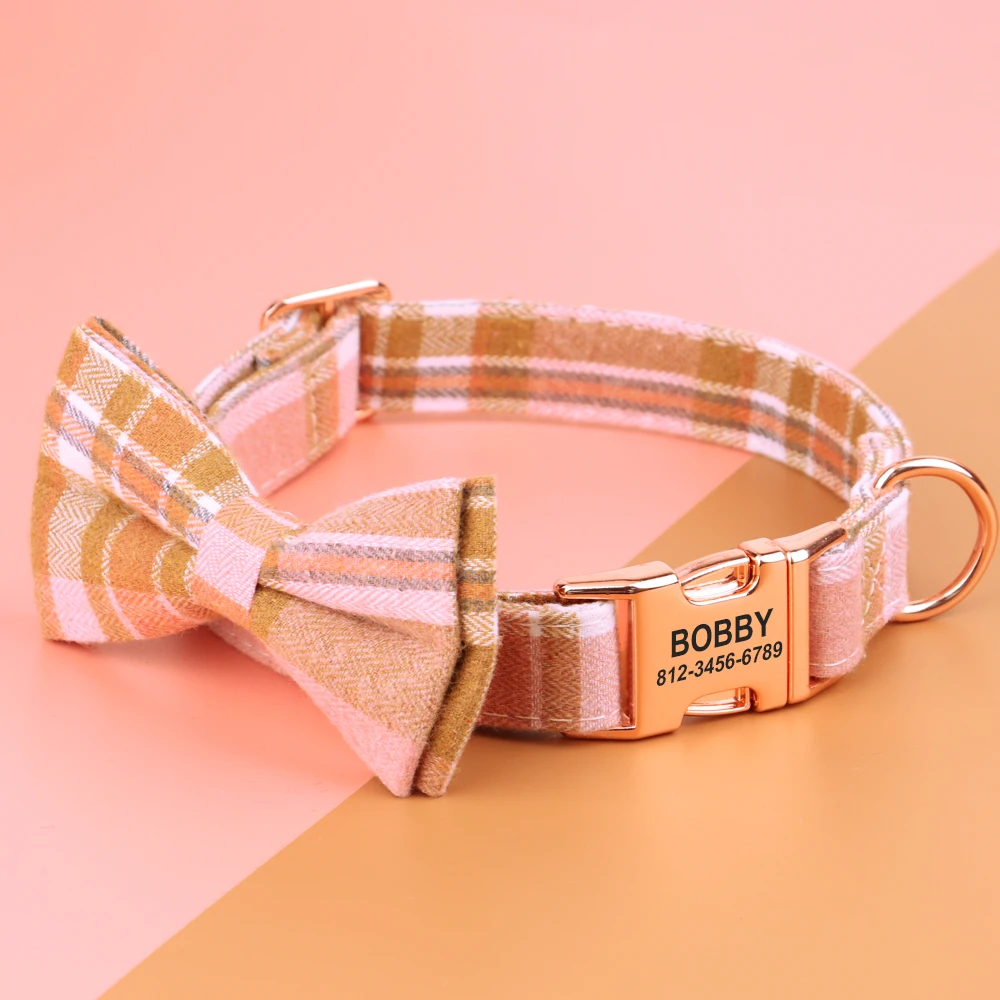Personalized Bowknot Dog Collar Nylon Plaid Dog Collars Free Engraving Custom Pet Nameplate Necklace For Small Medium Large Dogs - Image 8