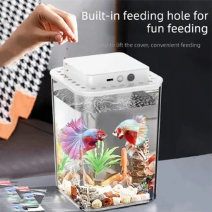 Transparent Betta Fish Tank USB Charging LED Light Desktop Fish Bowl with Feeding Hole Plastic Figure Display Case Aquarium