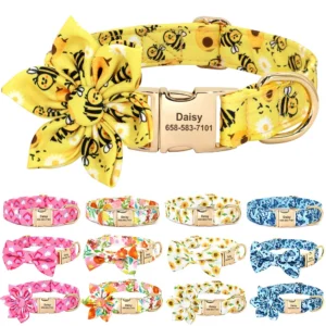 Personalized Dog Collar Nylon Flower Bowtie Pet ID Collars Customized Dogs Necklace Anti-lost For Spring Small Medium Large Dogs