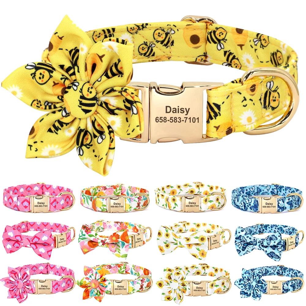 Personalized Dog Collar Nylon Flower Bowtie Pet ID Collars Customized Dogs Necklace Anti-lost For Spring Small Medium Large Dogs