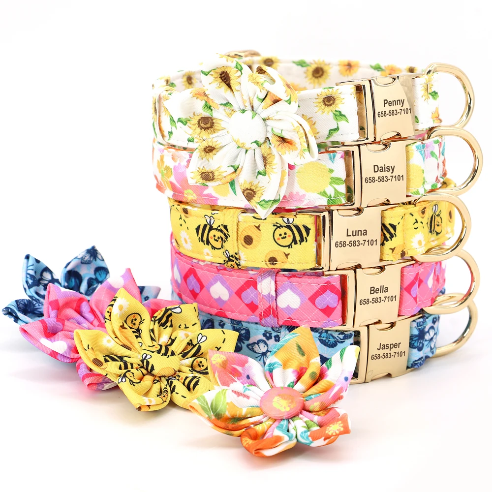 Personalized Dog Collar Nylon Flower Bowtie Pet ID Collars Customized Dogs Necklace Anti-lost For Spring Small Medium Large Dogs - Image 2