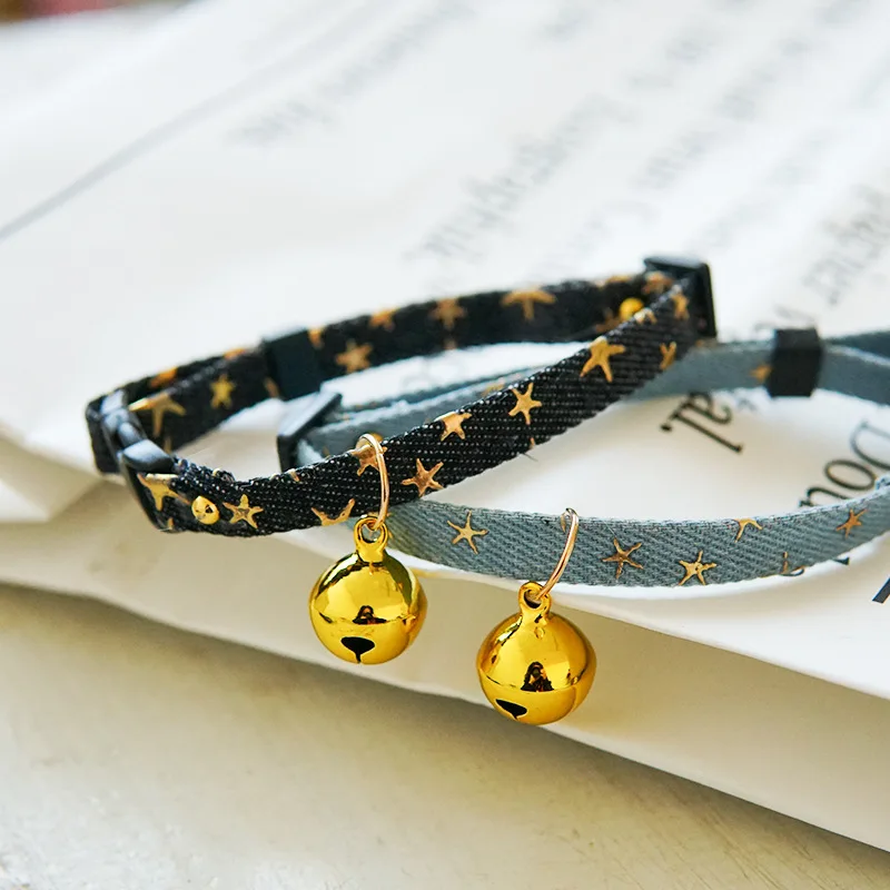 Denim Breakaway Cat Collars with Bell Cat Pendant Kitty Kitten Collars Blue Collar for Female Girl Cats Male Boy Cats Star Print - Image 4