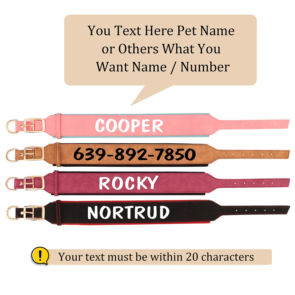Custom Print Dog Collar Wide Leather Dogs Name Collars Large Soft Padded Pet Dog Collars For Medium Large Dogs Free Print Pink - Image 4