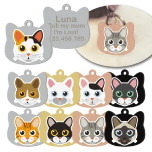 Personalized Cat Tag Cute Cat Head-Shaped Stainless Steel Pet ID Tag Anti-Lost Kitty Nameplate with Cartoon Sticker with Name