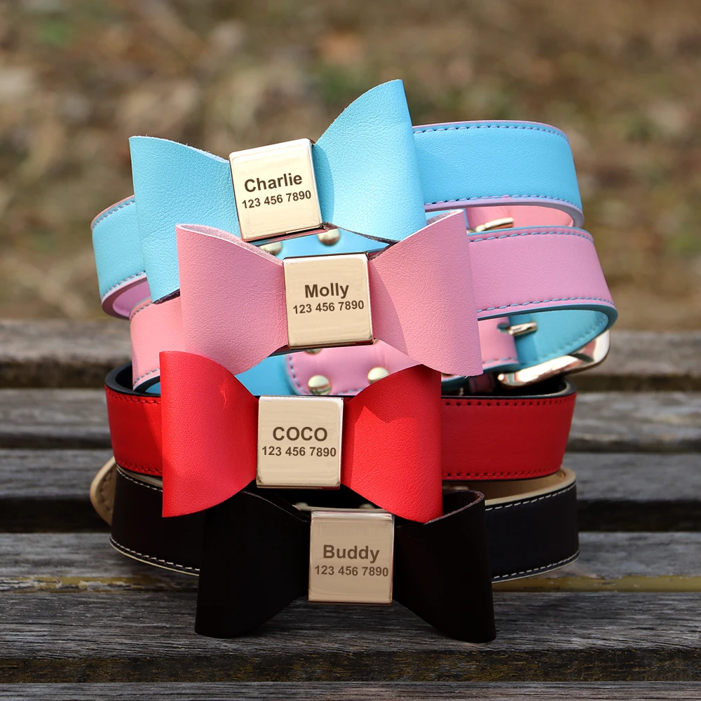 Custom PU Leather Dog Collar Soft Bowknot Pet Collars Engraved Name Puppy Cat Necklace Anti-lost for Small Medium Large Dogs Pug - Image 3